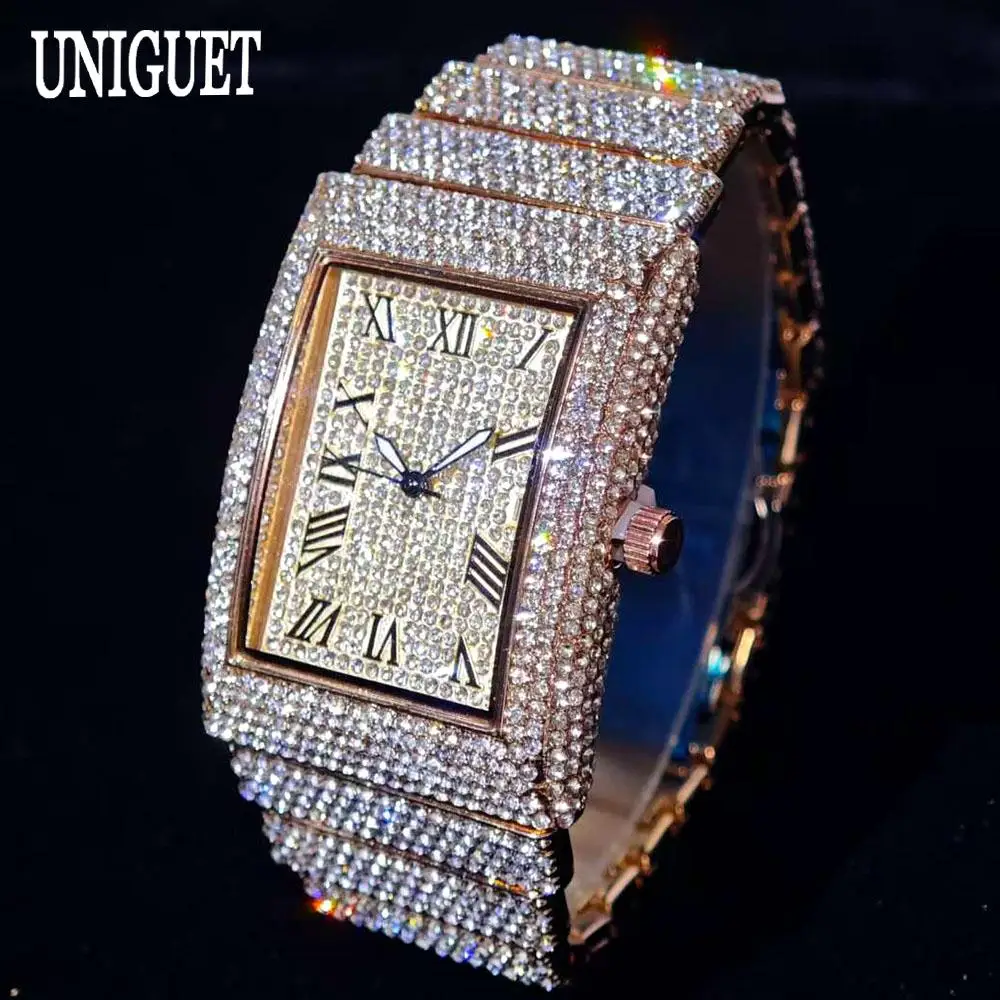 2025 Luxury Brand UNIGUET Quartz Diamond Watch For Men Fashion Hip Hop Full Diamond Bling Jewelry Wristwatches Man Dropshipping