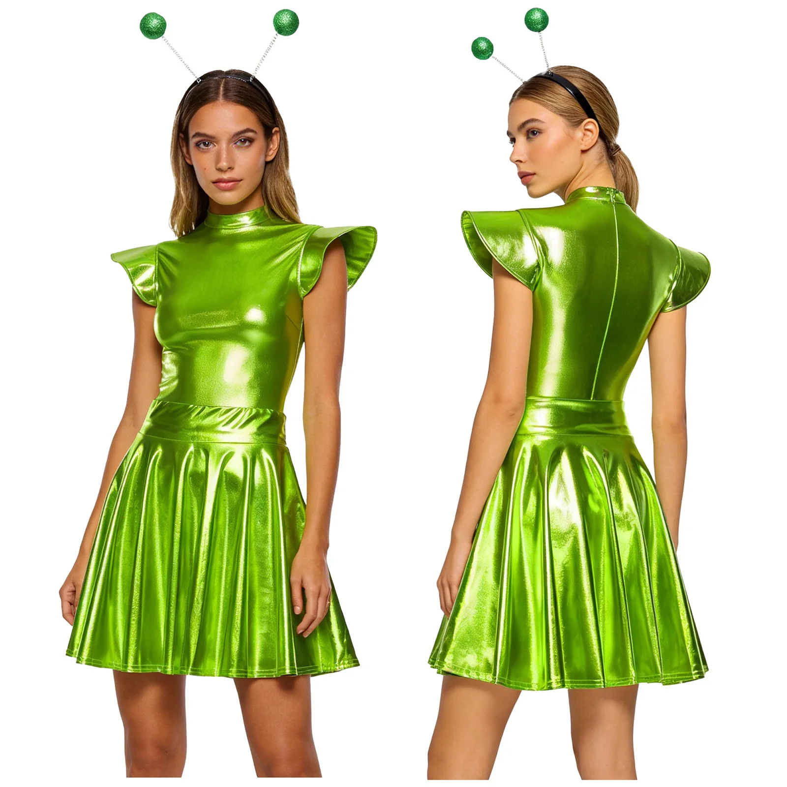 

Women Fashion Carnival Astronaut Alien Robot Cosplay Bodysuit with Pleated Skirt And Headwear for Halloween Party Raves Outfits