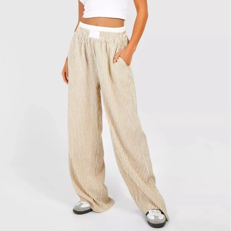 Fashion Women Y2k Stripes Lounge Pants Elastic Waist Straight Wide Leg Trousers Casual Loose Fit Bottoms Going Out Pants