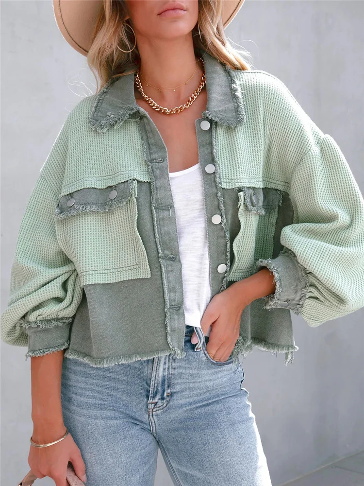 

Woman Casual Green Knit Patchwork Jacket 2023 Spring Female Loose Short Jacket Girls Oversized High Street Outwear