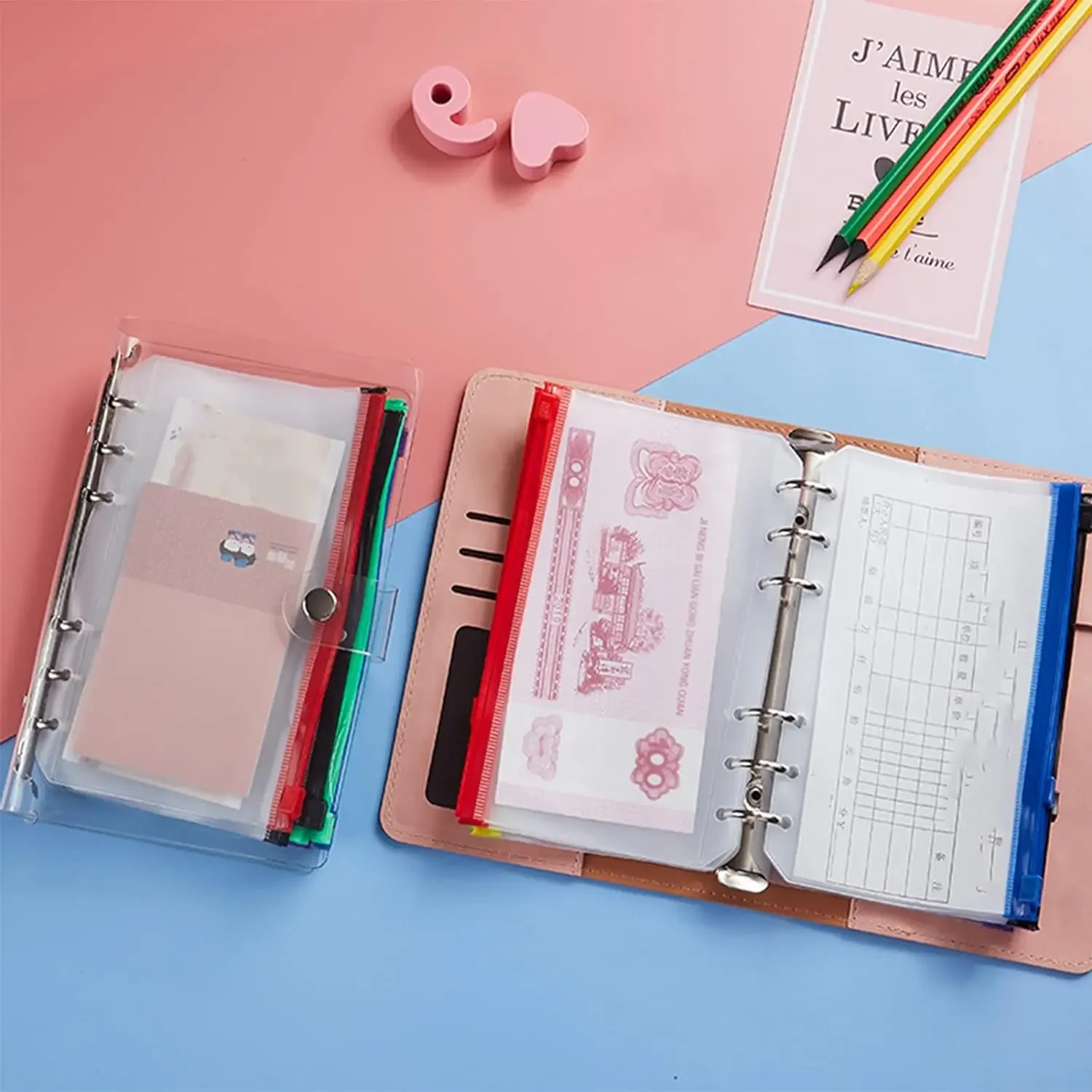 Zipper Binder Pockets Waterproof For Binder Notebook Planner PVC Cash Budget Envelopes Loose Leaf Bag 6-Hole for A6