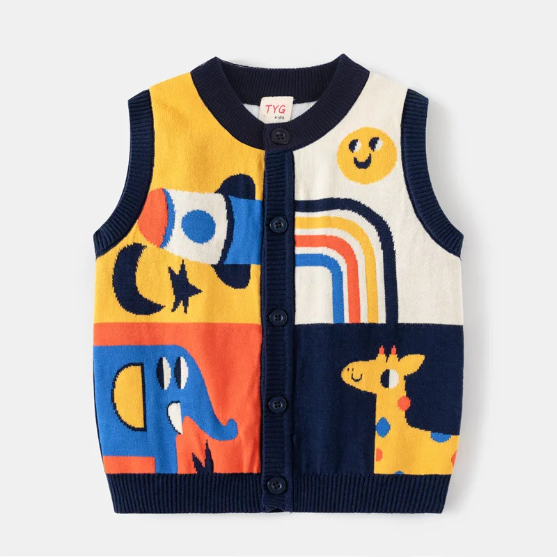 Autumn Spring Boy Girl Sweater Rocket Giraffe Cardigan Stitch Kid Clothing Sleeveless Buttons Baby Costume 2-6Y Children Sweater