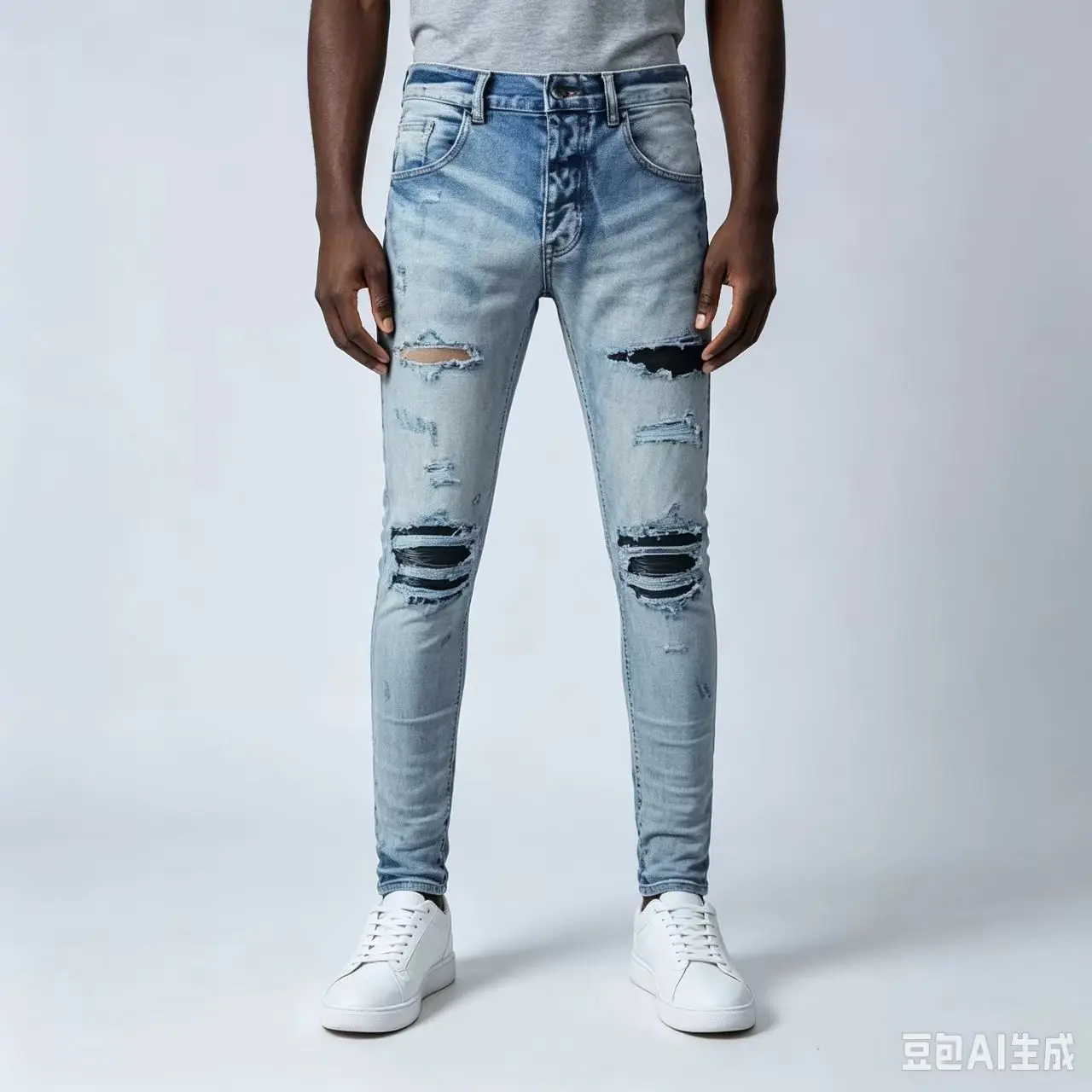 Men's Light Blue Slim Fit Tapered Jeans Pleated Patchwork Retro Y2K Elastic Waist Fashion Designer's New Collection