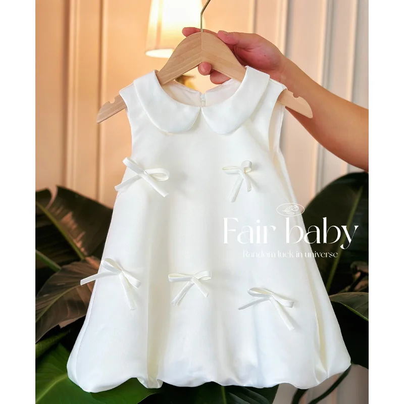 High-End White Spring Outfit for Girls' First Birthday, Flower Girl Wedding Dress, Princess Sleeveless Tank Dress for Baby Girls