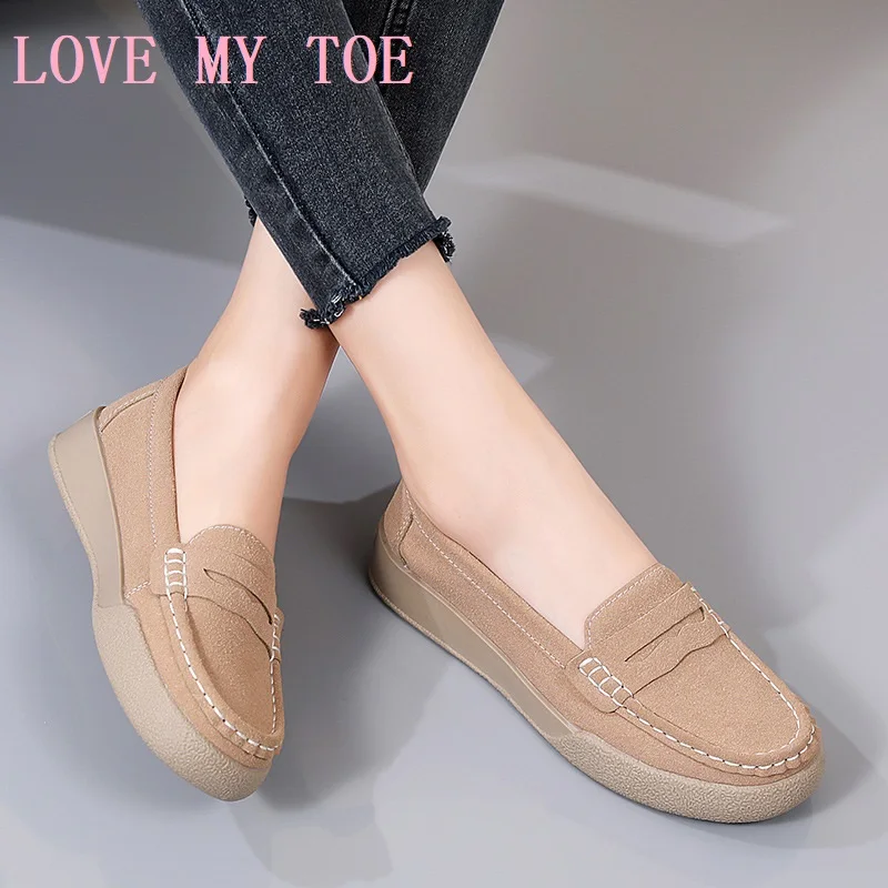 

Fashion 2024 Season Casual British Cow Suede Doudou Flats Wedges Platform Loafers Shoes For Women Chaussure Femme Zapatos Mujer