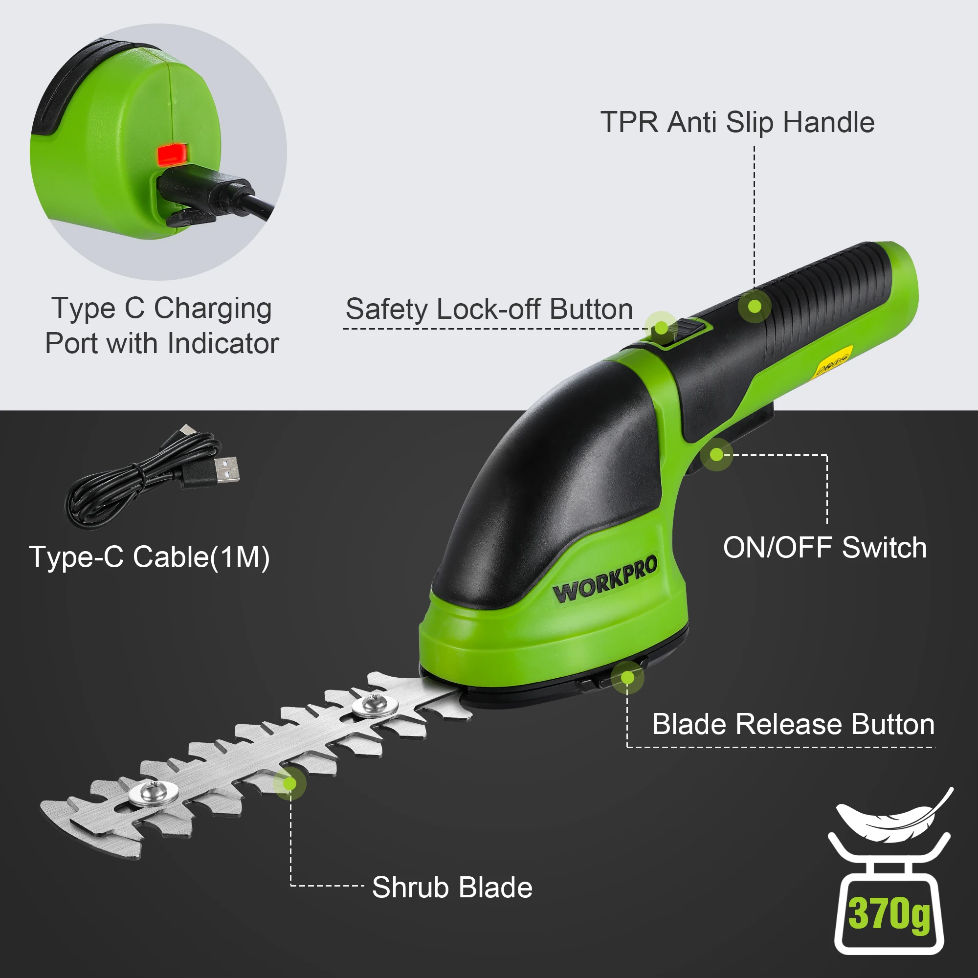 WORKPR 7.2V Cordless Grass Shear Electric Shrubbery Trimmer Portable Hedge Cutter Trimmer 2 in 1 Rechargeable Garden Tool