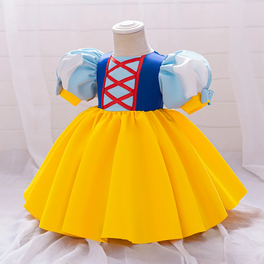 Girl Snow White Princess Dress Girls Fairy Tale Cosplay Party Dress Baby Fashion Yellow Pleated Tutu Gown Toddler Summer Costume