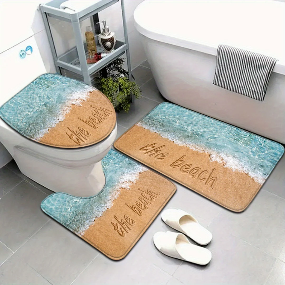

The Beach Print 3 Piece Bath Mat Set Sea Wave Sand Pattern Anti Slip Soft Absorbent Toilet Seat Cover Home Decor