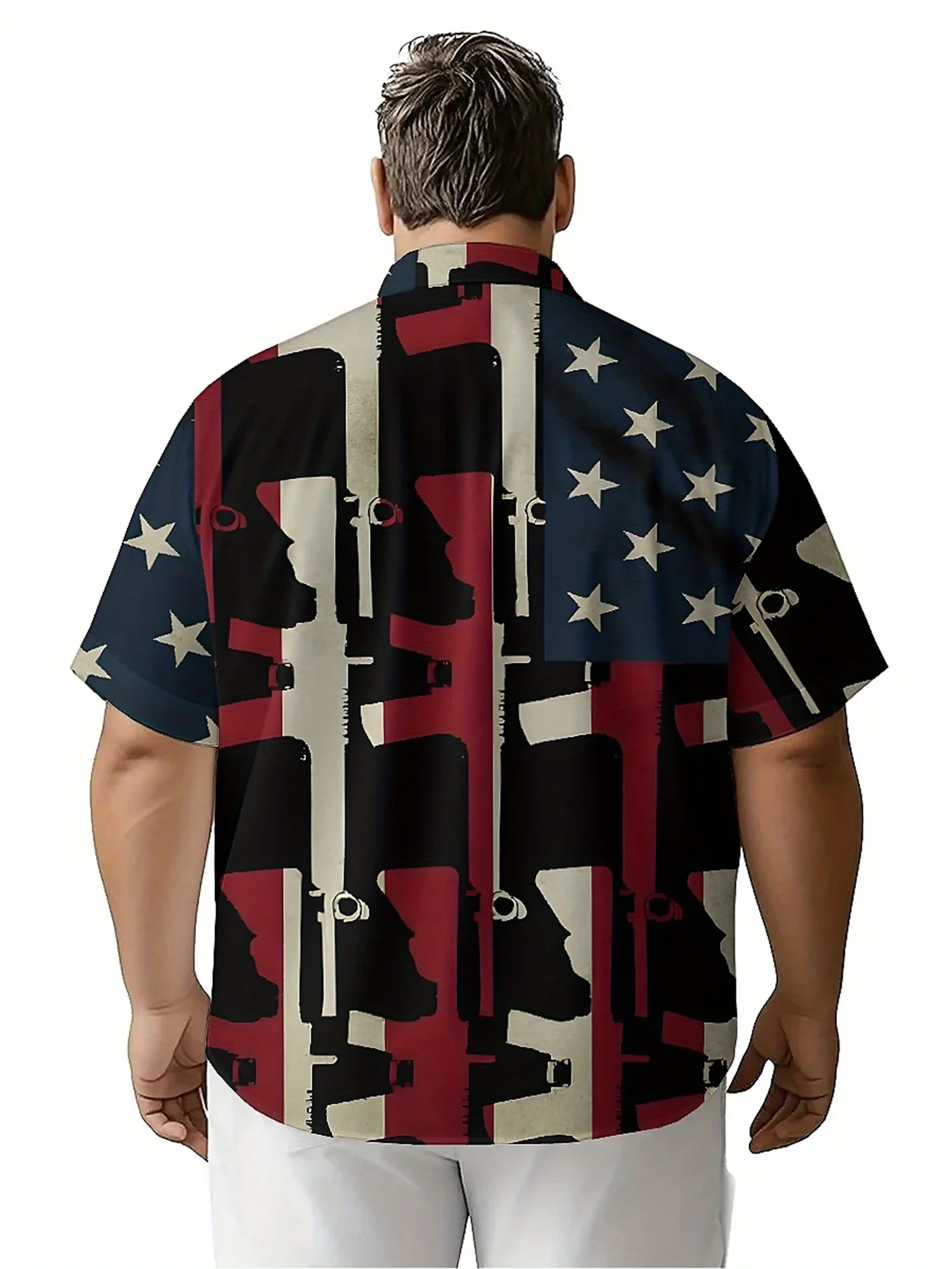 Men's Plus Size Hawaiian Shirts Classic Red, White and Blue and Guns Pattern, Summer Casual Tops, Suitable for Outdoor and Party