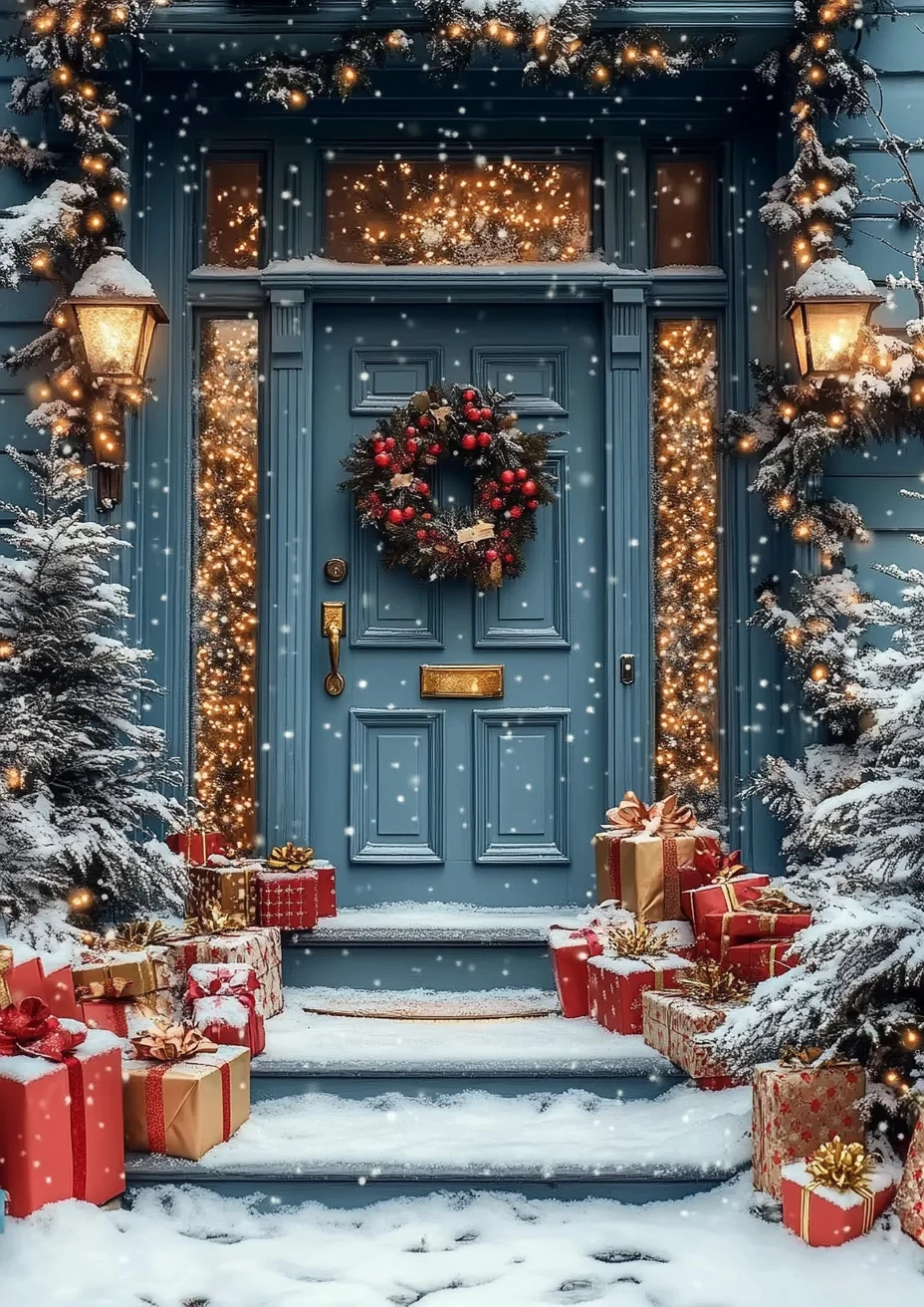 Mocsicka Christmas Tree Door Background For Photography Snowflake Lamp Gifts Decorations Shooting Props Kids Baby Photo Backdrop