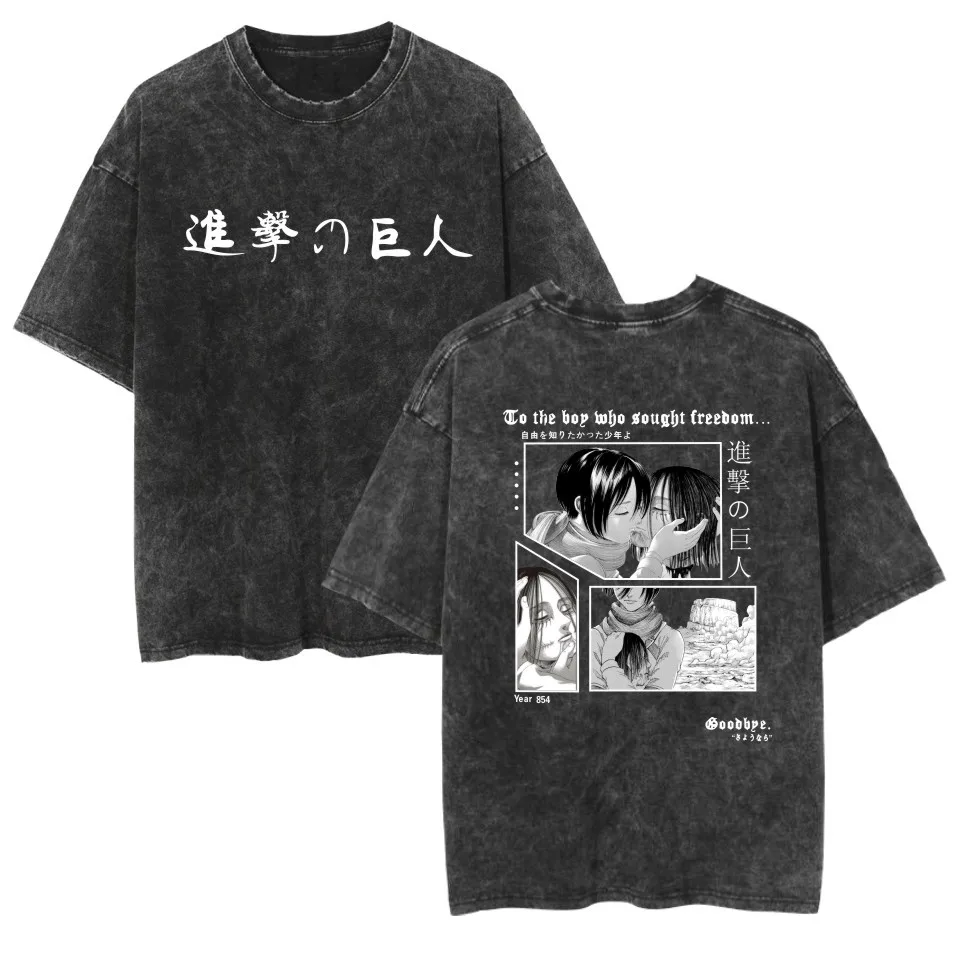 Hot Anime Attack On Titan Eren Jaeger Mikasa Ackerman Print Washed Tshirt Men Vintage Tee Cotton T-shirt Harajuku Manga T Shirt