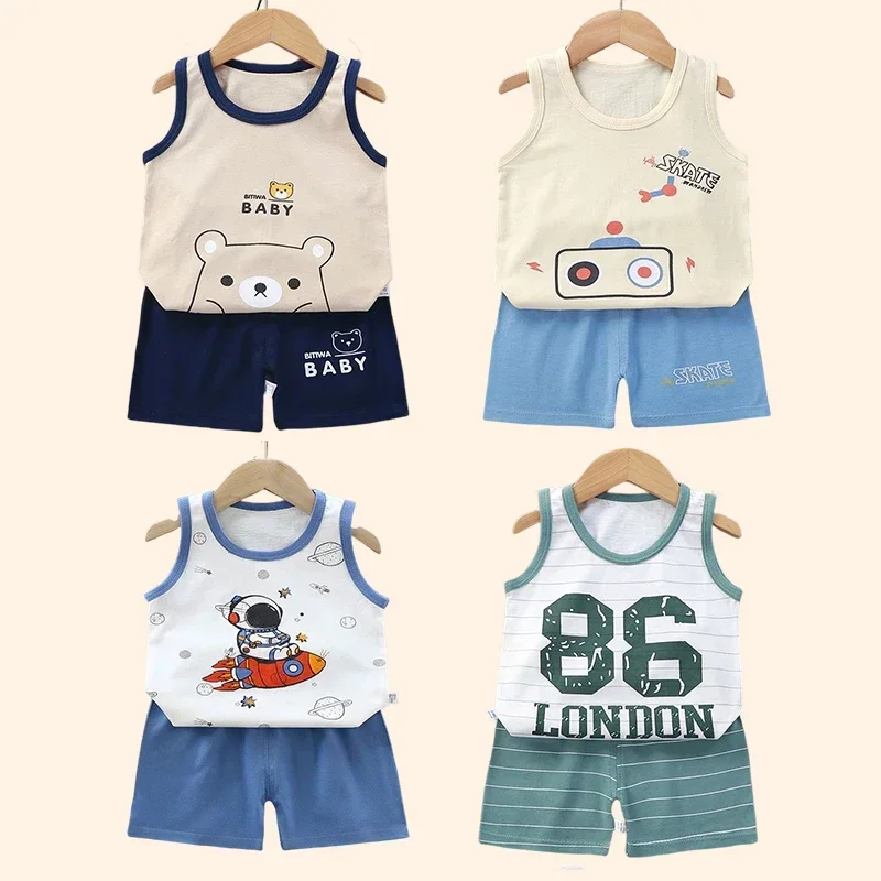 Children Sets Kids Clothes Boys Girls Vest Suit  Summer Children\'s Clothing baby Cotton T-Shirts Shorts Tank Top Sleeveless