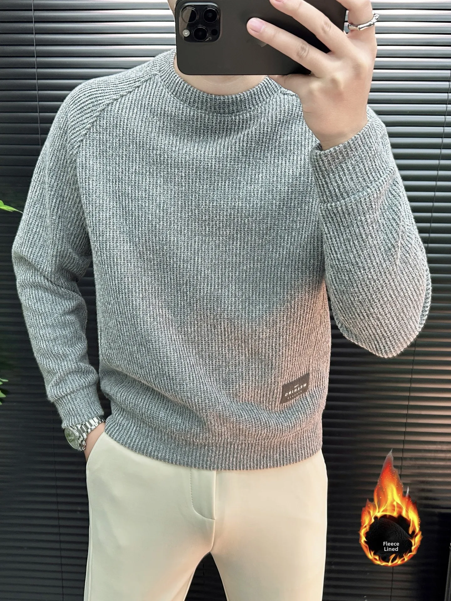 

Retro Fce Lined round Ne Knitwear Men's Busin Casual Inner Wear Polyester Fiber mid Weight Long Sve Sweater
