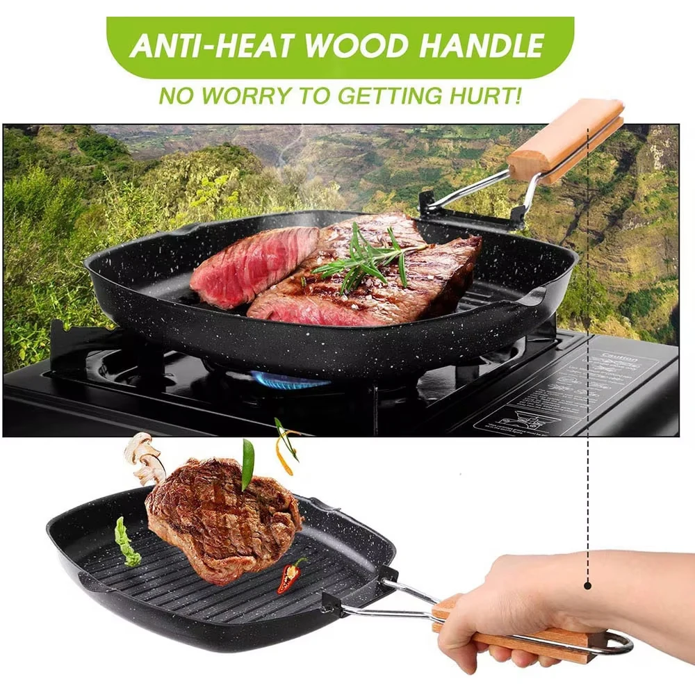 Sartén con mango plegable, sartén antiadherente duradera para asar, portátil, para exteriores, senderismo, Picnic, equipo de cocina, utensilios de cocina para acampar, sartén