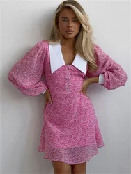 Tossy scollo a v stampato moda Mini abito per le donne Slim vita alta manica lunga vestito da partito Backless Casual vestito da donna estate