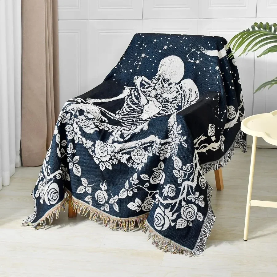 

Boho Throw Blanket Reversible Cotton Bohemian Tapestry Hippie Room Decor Double Sided Boho Skeleton Lover Moon Blue 50x60