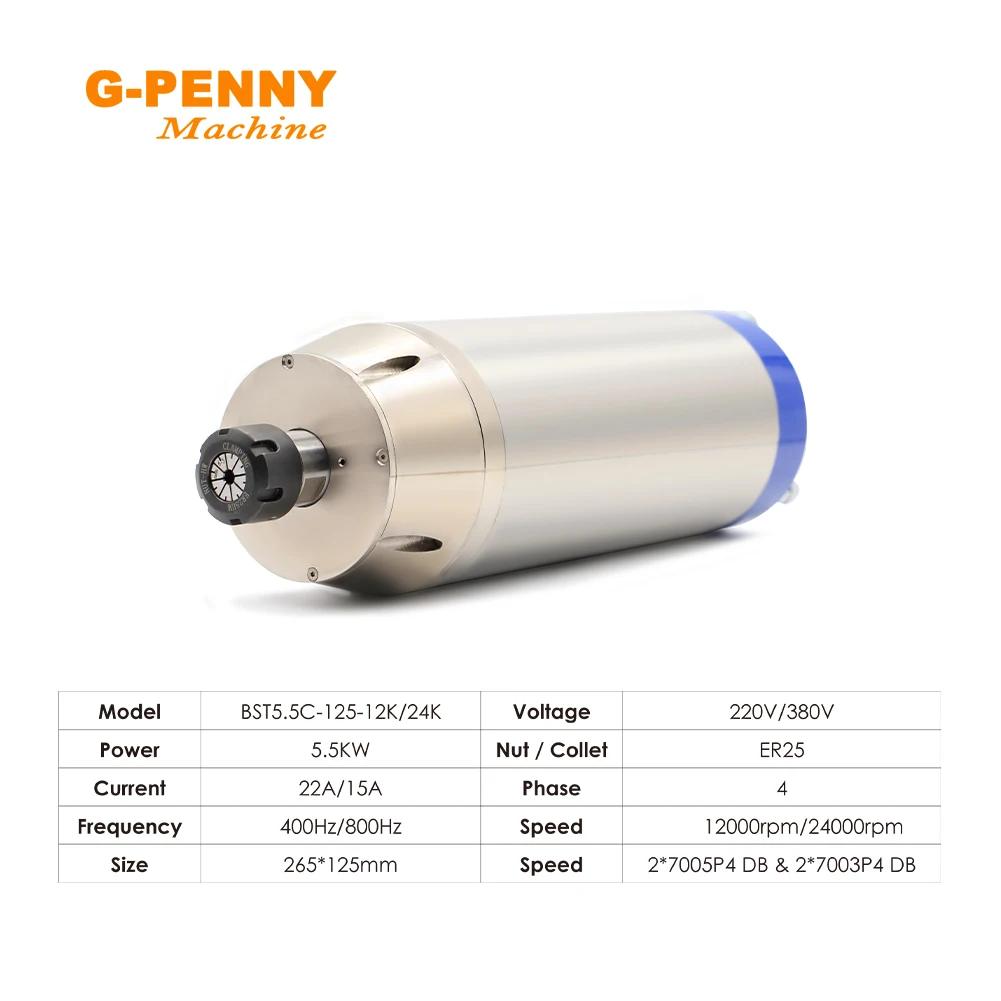 G-Penny 5.5KW ER25 Metal working water cooled spindle motor 220v/380v Ceramic bearings 400HZ/800Hz 12000/24000RPM