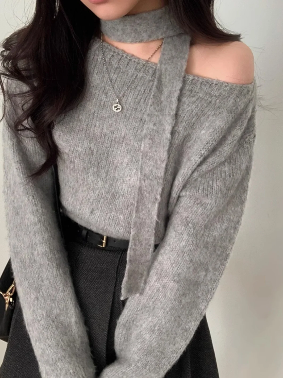 

Chic Knitted One-oulder Sweater Women's Gentle oulder Long Sve Top Matching Scarf Spring Autumn Winter