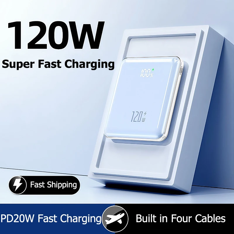 120W Power Bank 20000mAh Ultra Thin Portable Charger Built-in Cable Large Capacity Super Fast Charging Powerbank for iPhone 17