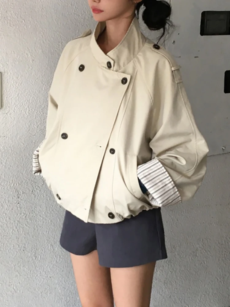 Women Stand Collar Short Trench Jacket Double Breasted Striped Lining One Size Cropped Windbreaker Casual Daily Street Outerwear