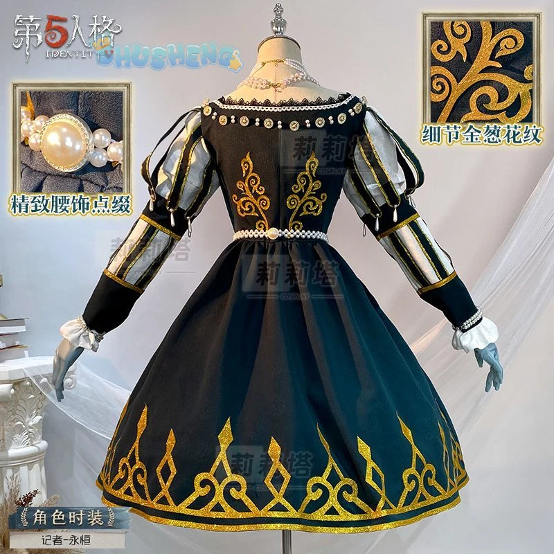 Alice Reporter Cosplay Costume, Jogo Identidade V Traje, Sapatos Acessórios, Adereços, Luvas, Colares, Festa de Halloween, Conjunto Completo, Vestidos Sexy