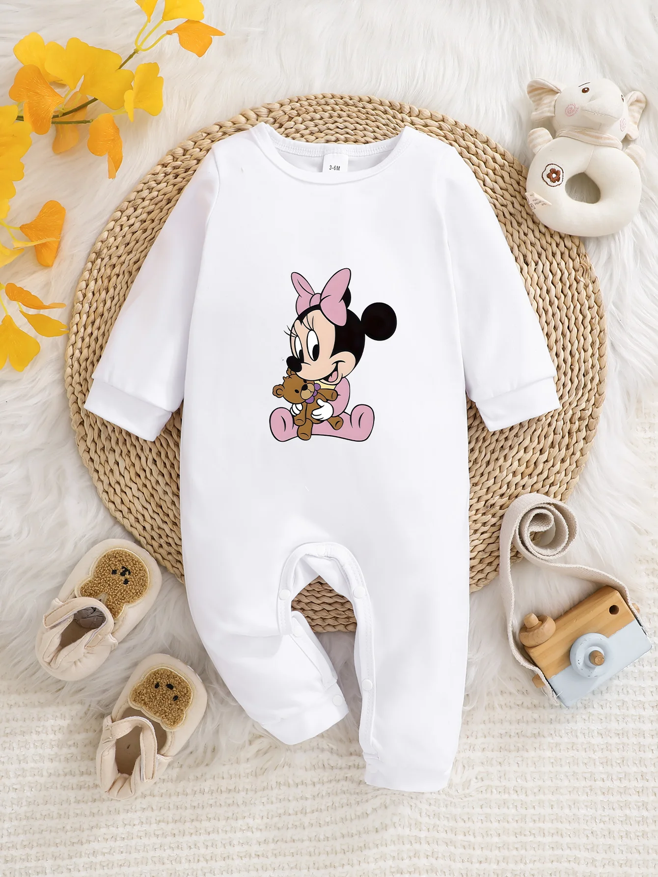 

【Официально лицензированный】 Комбинезон с длинными рукавами Disney Minnie Baby | Очаровательный стиль с принтом