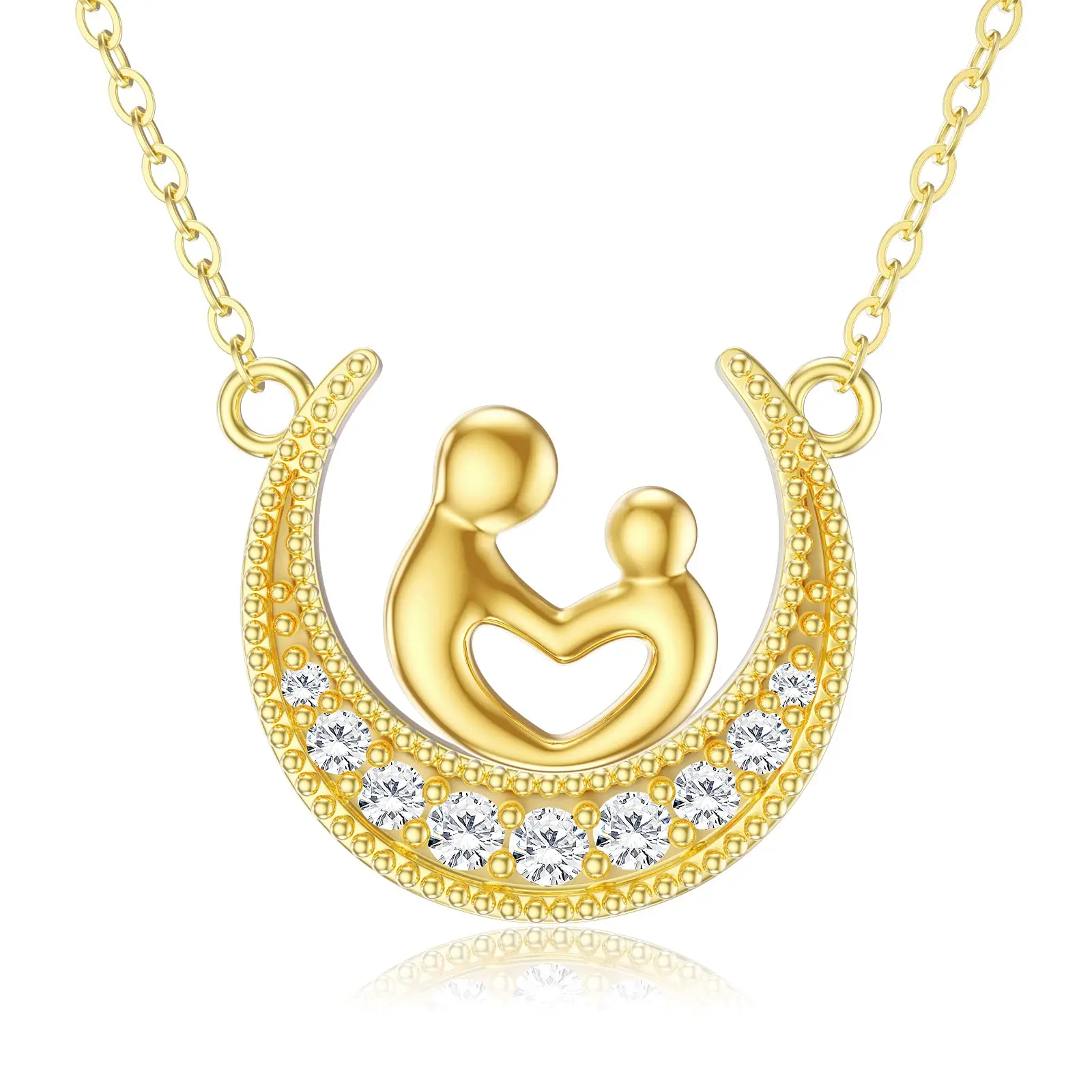 YFN 14K Real Moon Necklace for Mom Yellow Gold Mother and Child Pendant Necklace Cubic Zirconia Moon Jewerly Gifts for Birthday