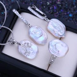 FENASY Natural Freshwater 12-16mm Big Baroque Pearl Jewelry Sets Silver Color Fashion Party Pendant Necklaces Drop Earrings Ring