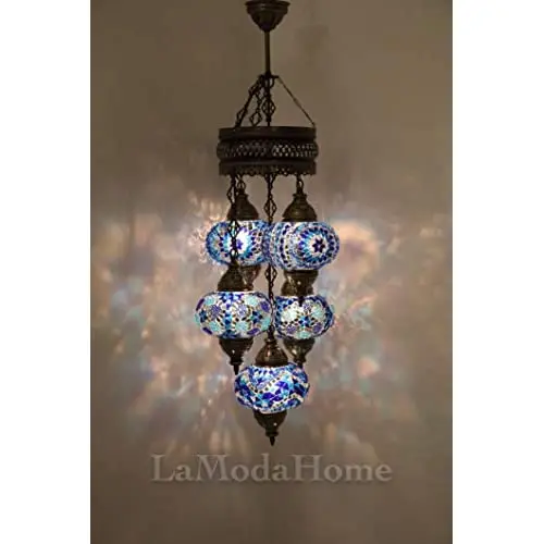 LaModaHome 40 + Unique Colors, 2020 Customizable Chandelier 5 Globes + Free 5 Bulbs, stunning Mosaic Turkish Lamp Moroccan Light