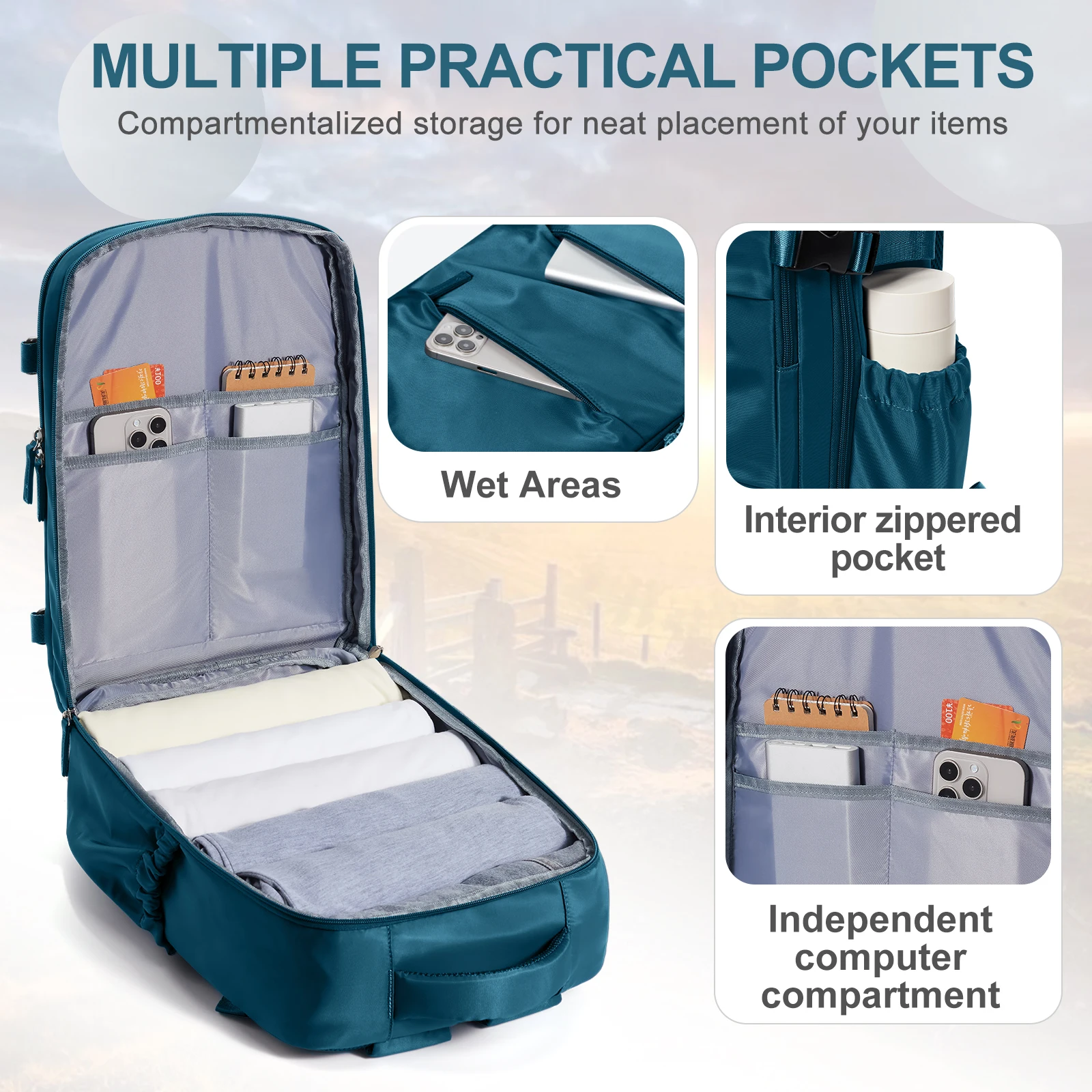 المقصورة على ظهره 40x30x20 طائرة حقيبة السفر النساء الرجال على ظهره، حقيبة كمبيوتر محمول حقيبة الكتب مقاوم للماء مقصورة الأحذية على ظهره