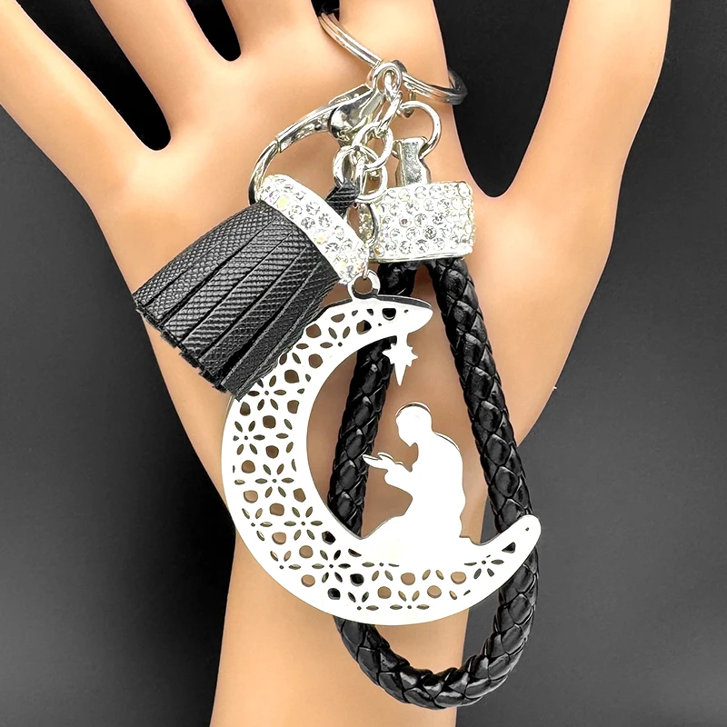 Islamischer muslimischer Gebetsschlüsselanhänger aus Edelstahl, Mond, Stern, spirituelles Leder, Quaste, Islam-Anhänger, Ringhalter, Schmuck, Geschenk