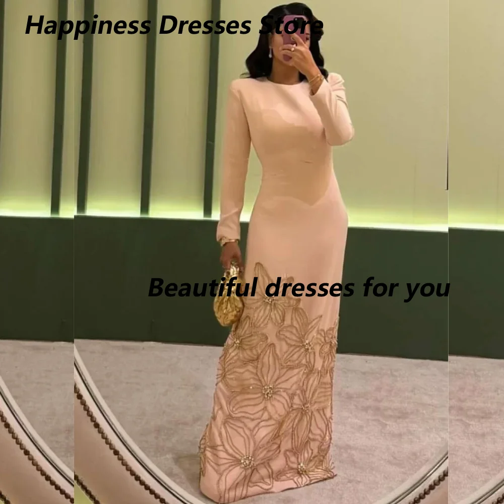 Vestido de noite personalizado clássico jérsei plissado flor a linha o pescoço mangas compridas vestido de noite longo estilo moderno requintado