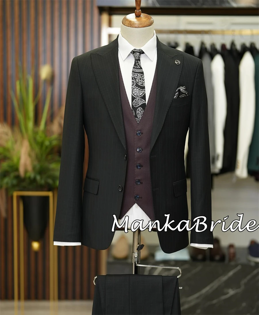 Traje a rayas grises para hombre, Blazer de 3 piezas, chaleco, pantalones formales para fiesta de negocios, trajes completos para novio de boda