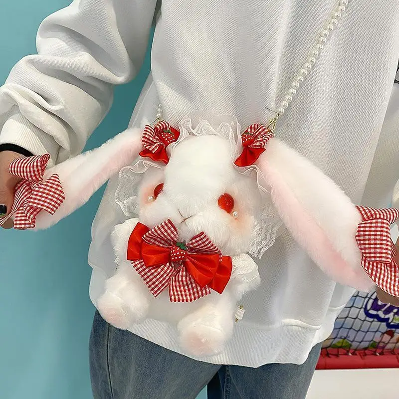 Borsa a tracolla in peluche di coniglio moda Lolita con catena di perle Borsa a tracolla soffice e carina Borsa per ragazze Kawaii Idea regalo