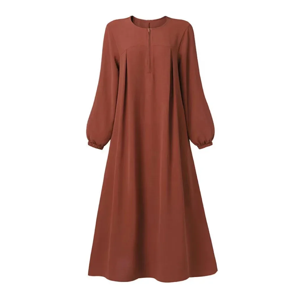 2024 New Saudi Arabian Muslim Women\'s Casual Robe. Dubai Abaya Solid Color Zipper Round Neck Dress with Elastic Sleeves. S-XXL