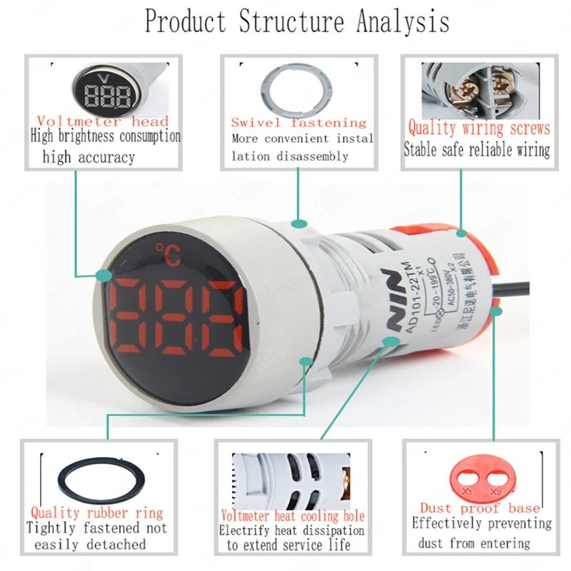 1PCS AD101-22Hz Circular Crystal Film Digital Display AC Thermometer Signal Light Indicator LED Highlight Aperture 22m AD16-22Hz