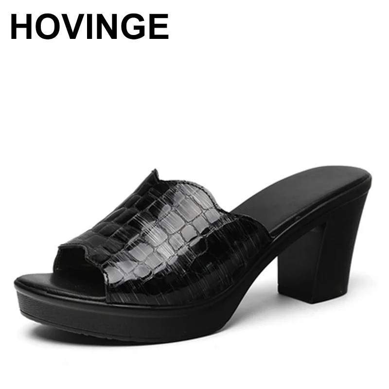 HOVINGEWomen sandały z prawdziwej skóry buty slajdy Casual kobiety solidne letnie buty buty dla matek wysokie obcasy