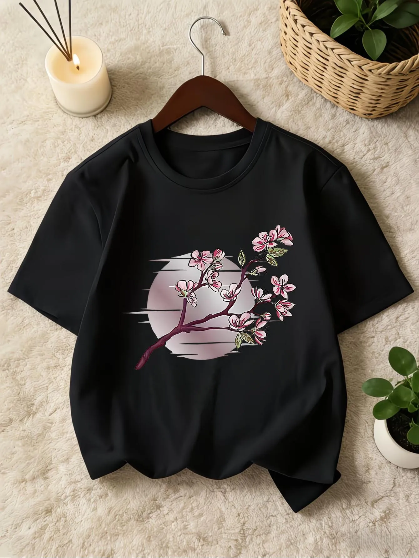 Cherry Blossom Branch Gray Sun Floral Art Graphic Print T Shirt Family Matching Boys Girls Kids Short Sleeve Daily Tees