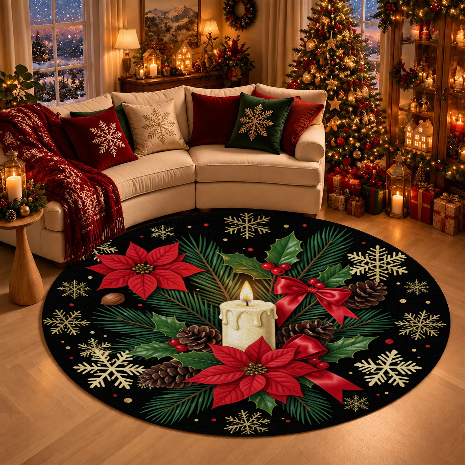 Christmas Themed Poinsettia Candle Snowflake Pinecone Round Velvet Decorative Mat Machine Washable Suitable for Dining Area Living Room Entryway Bedroom Halloween Thanksgiving Christmas New Year Black Friday Cyber Monday