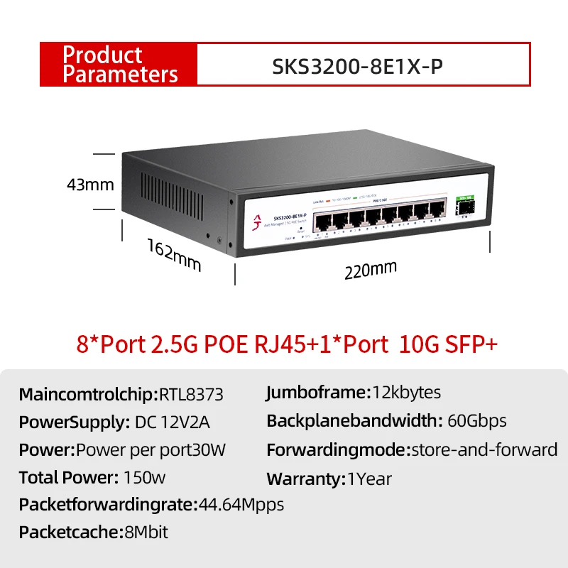 XikeStand-Suporte a switch Ethernet, Divisão VGA, Cooling Shell, 9 portas, 2.5G, L2, POE, 8x2.5G RJ45, 1x10G, SFP
