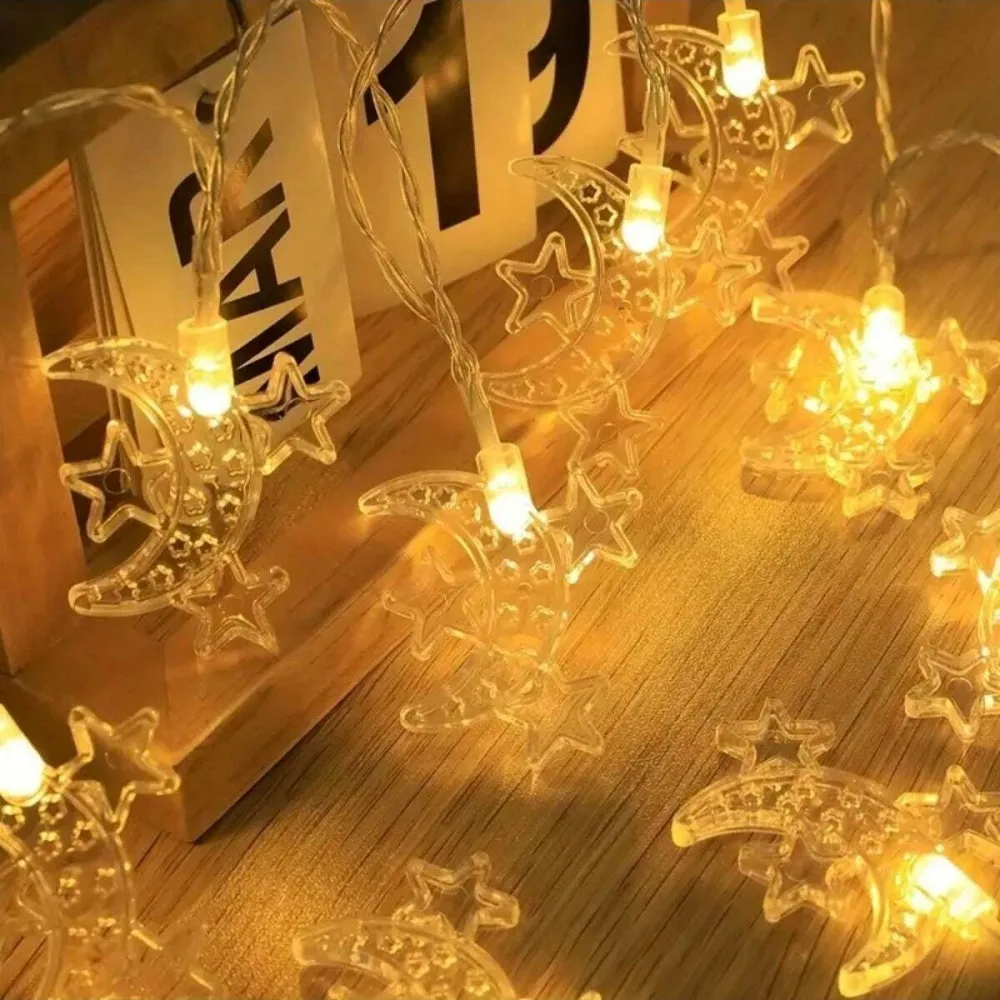1 unidad 1.5M10LED/3M20LED Ramadán tres estrellas y cadena de luces de luna, alimentada por pilas AA (excl), utilizada para la decoración del Ramadán de la habitación