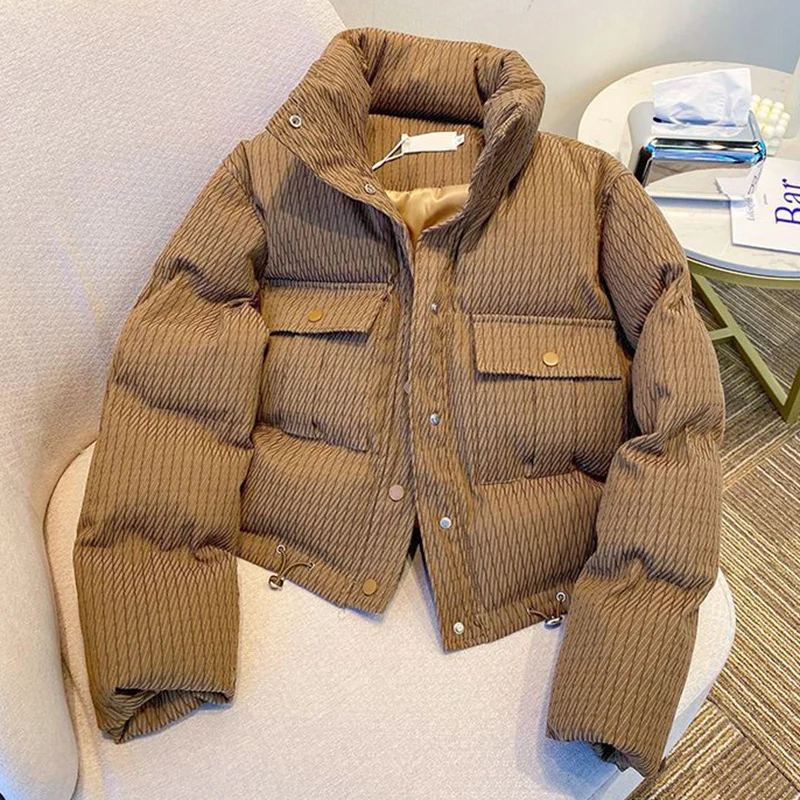 Winter Khaki Thicken Short Parkas Women Loose Zipper Up Warm Parkas Jacket Woman Fashion Button Stand Collar Parka Female