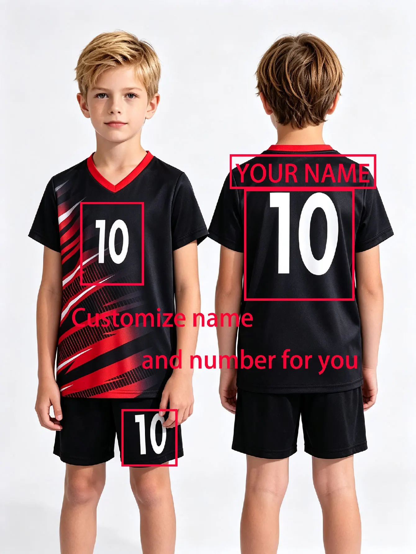 Conjunto de 2 piezas de camiseta de fútbol para niños, ecológico, con rayas negras y rojas, cuello en V, manga corta, nombre y número personalizables, para niños de 3 a 13 años.