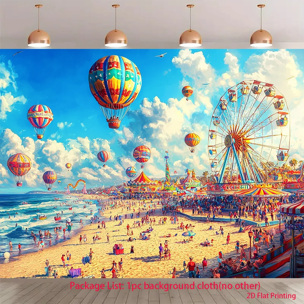 Vintage Carnival Beach Tapestry, Hot Air Balloon & Ferris Wheel Wall Hanging, Summer Seaside Art Decor for Bedroom Living Room