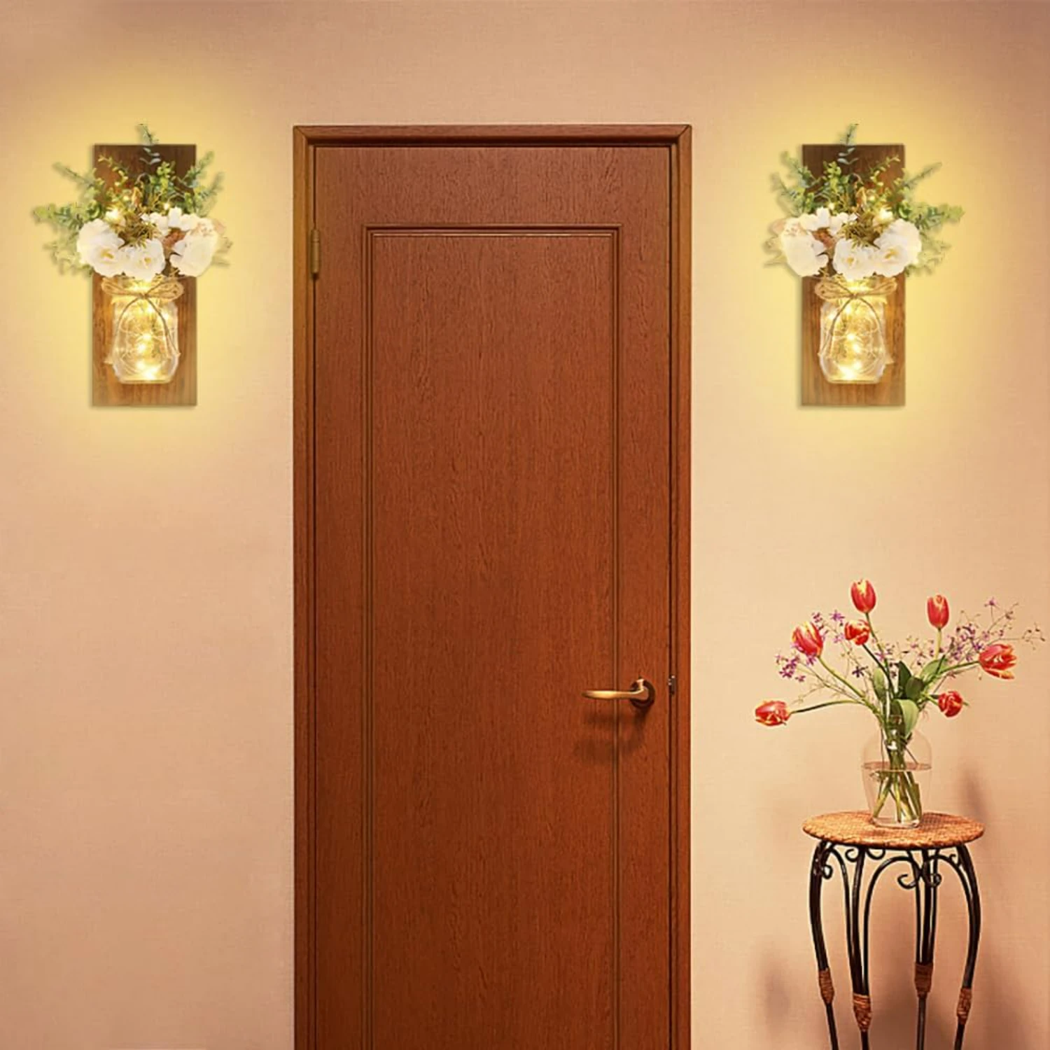 Elegant Set of Two Hanging Farmhouse Wall Decor Mason Jar Sconces with Remote Control LED Fairy Lights - Beautiful White Roses,