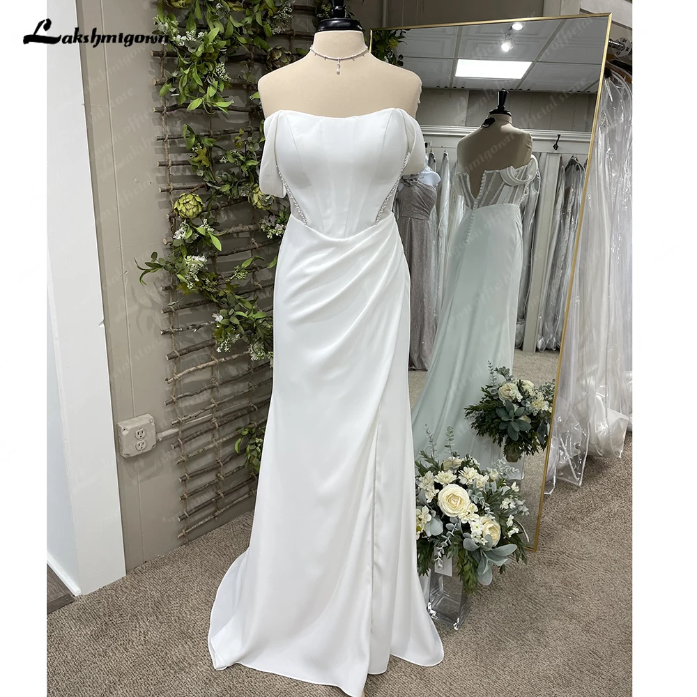 Lakshmigown-vestidos de novia largos de sirena con hombros descubiertos, vestido Formal de satén con abertura para fiesta y evento, vestido de novia elegante personalizado