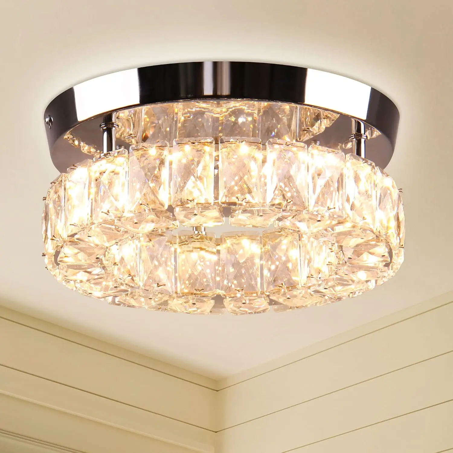 9.8-inch Modern Round Crystal Embedded Chandelier Ceiling Light, Warm White