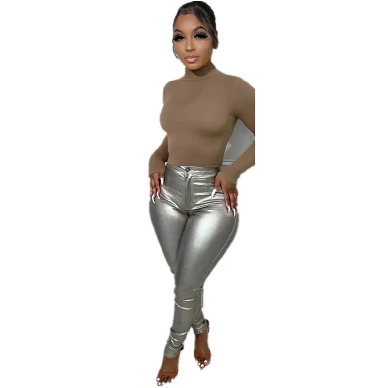 Y2k Metallic Pu Leder Bleistift hose Frauen Mode Knopf fliegen hohe Taille Hipster schlanke dünne Hose alle passen lässige Hosen