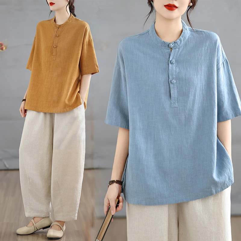Summer Improved Women's Tai Chi Practice Clothes Loose Fit Zen T-Shirt Short Sleeve Linen Cotton Blend Retro Style Top
