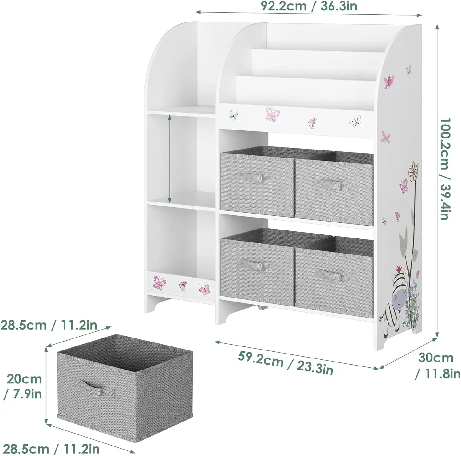 Kids Toy Storage Organizer with 4 Fabric Bins, 3-Tier Book Rack and Open Cubbies for Playroom